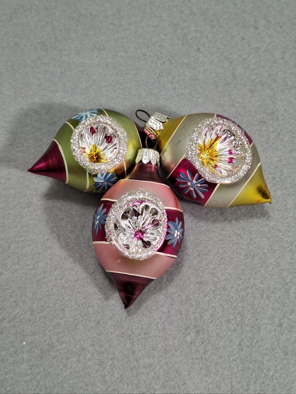 3 Vtg MCM Teardrop Mercury Glass Indent Starburst Reflector Christmas Ornaments